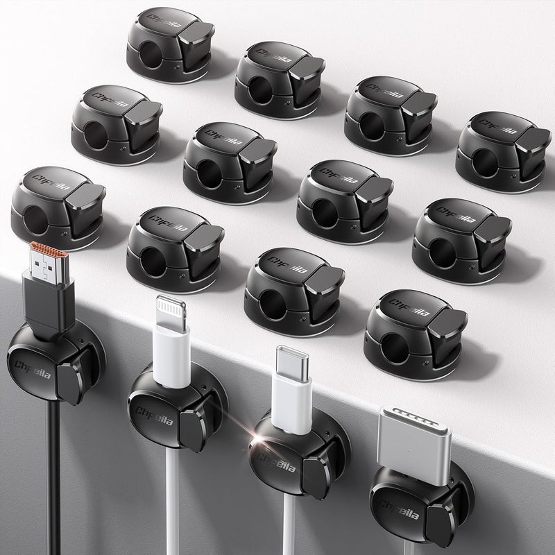 Chfeila 16Pack Cord Organizer [Dual Spring & Clasp, Max Secure] Cable Clips - Cord Holder, Desk Cable Management, Adhesive Phone Charging Wire Holder for Nightstand/Car/Wall, Office Accessory - Black - Image 1